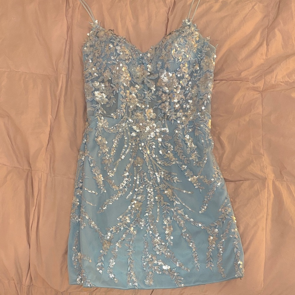 Embellished Light Blue Sequin Mini Dress